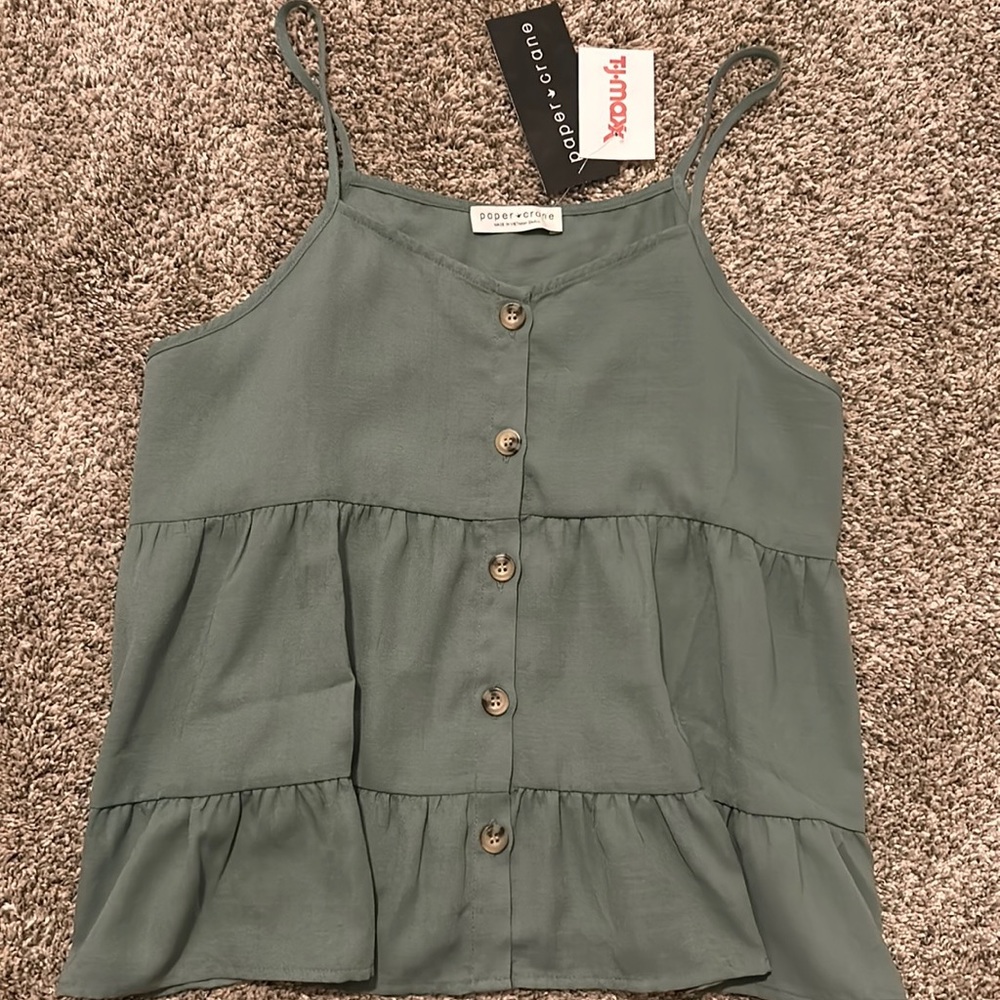 Paper Crane Spaghetti Strap Ruffle Tank Army Green Size Small